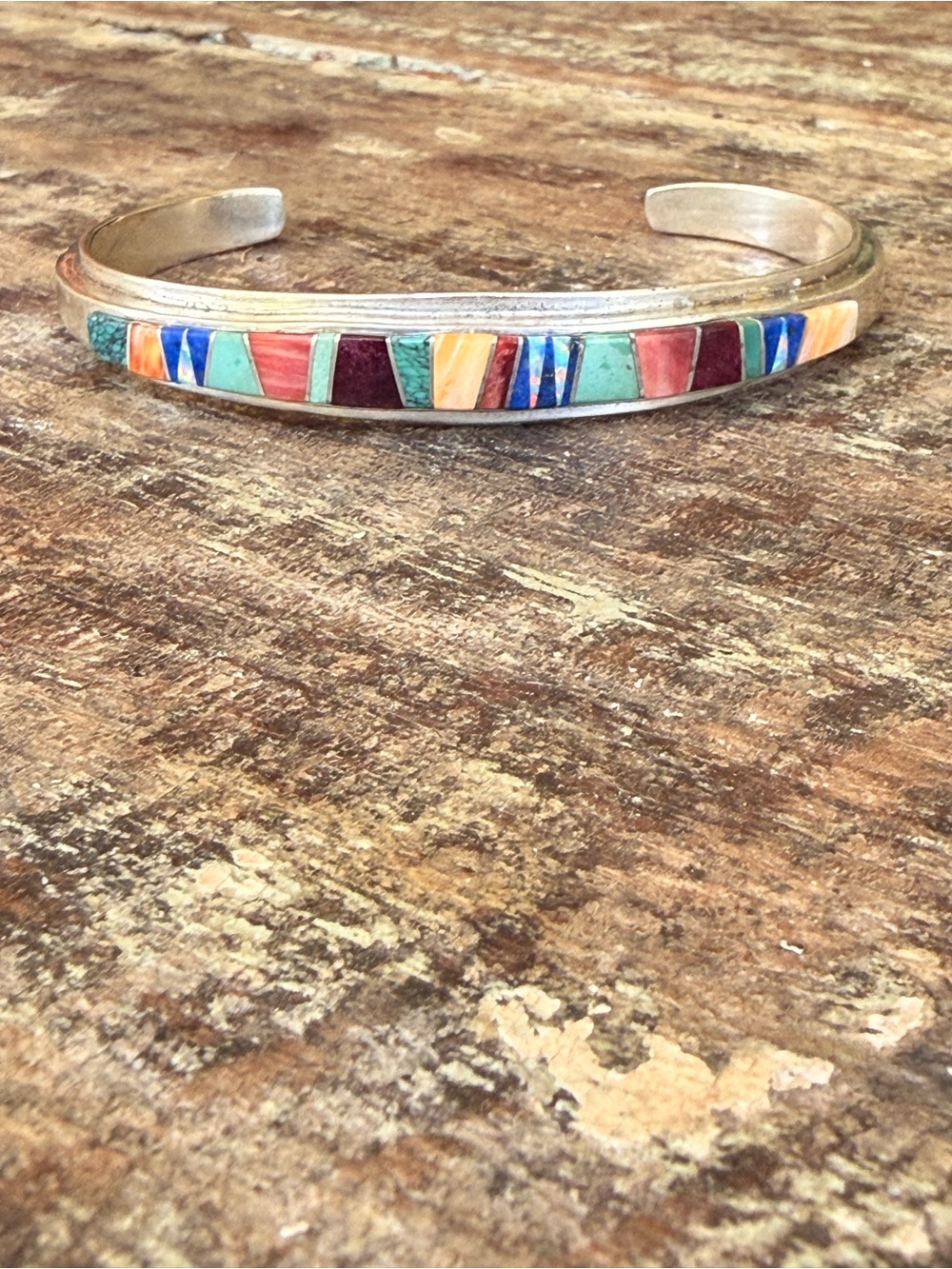 Authentic Navajo Valerie Yazzie Multi-Stone Inlay Sterling Silver Cuff Bracelet